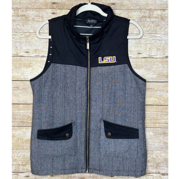 GAMEDAY COUTURE EMBROIDERED LSU HERRINGBONE FULL ZIP MIXED MEDIA VEST SZ. LARGE - Picture 1 of 3